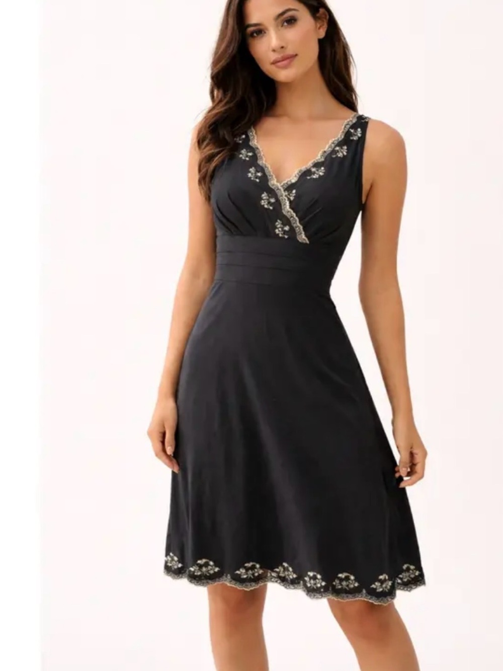 Ann Taylor Factory Black Sleeveless V-Neck Midi Dress with Silver Embroidery